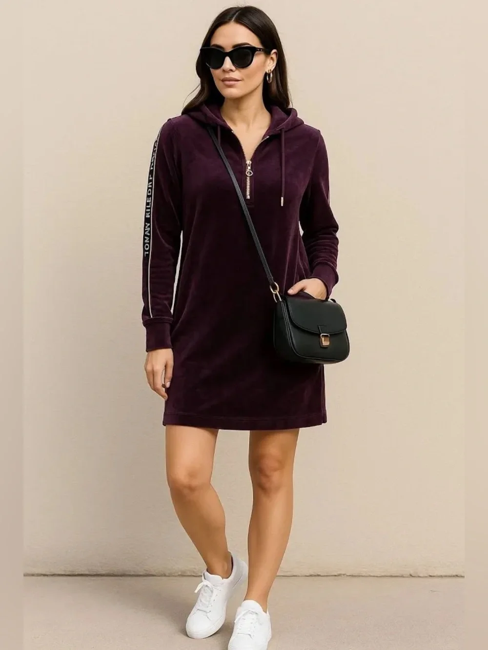 Tommy Hilfiger Plum purple Velour 1/4 zip long sleeve Hoodie Dress
